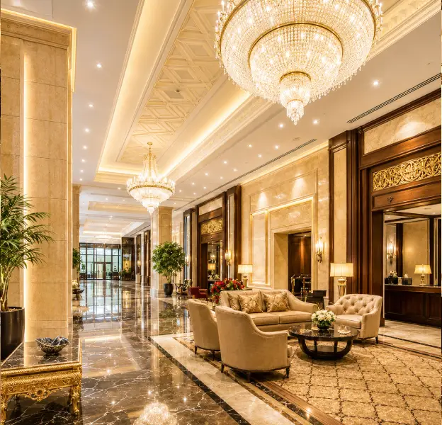 Grand hotel reception with premium marble finishes and refined interior design