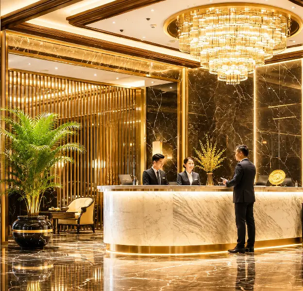 Comfortable lounge seating with ambient lighting and bespoke décor in a luxury hospitality space