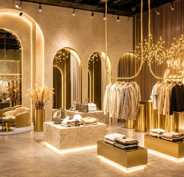 Designer lighting and premium materials creating an inviting retail interior