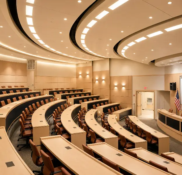Spacious lecture theatre with ergonomic seating, smart technology, and contemporary interiors