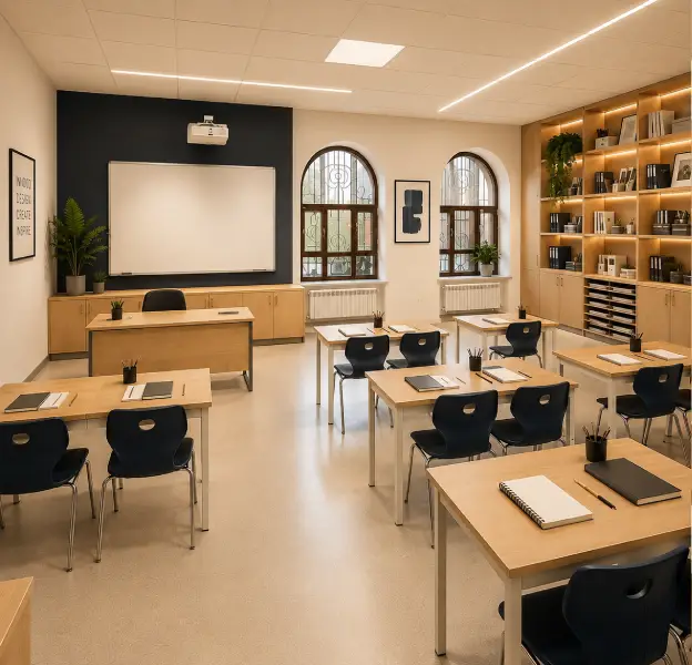 Modern library with collaborative study zones and vibrant educational interiors