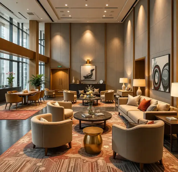 Luxury guest rooms and social spaces with stylish furniture and warm lighting