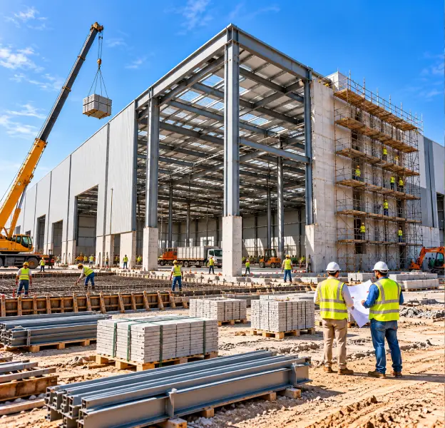 Durable industrial facilities with heavy-duty flooring and coordinated utility areas