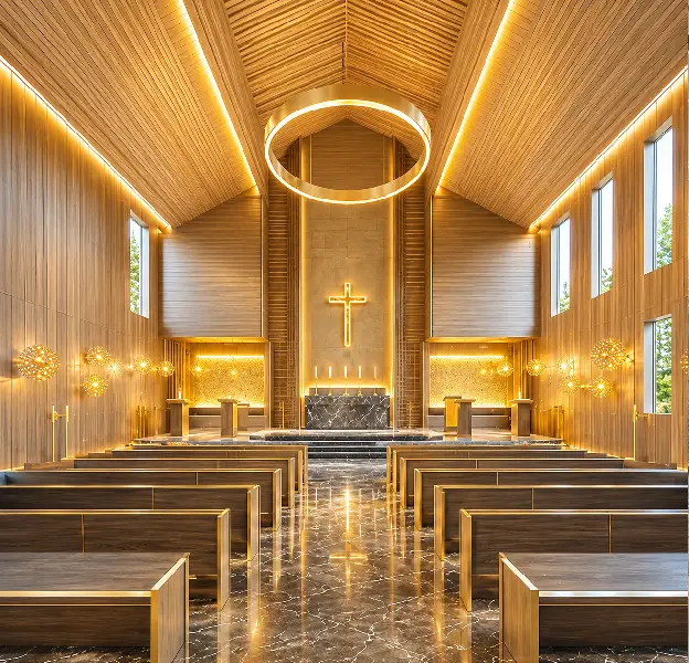 Custom woodwork and decorative ceiling with ambient lighting in a prayer space