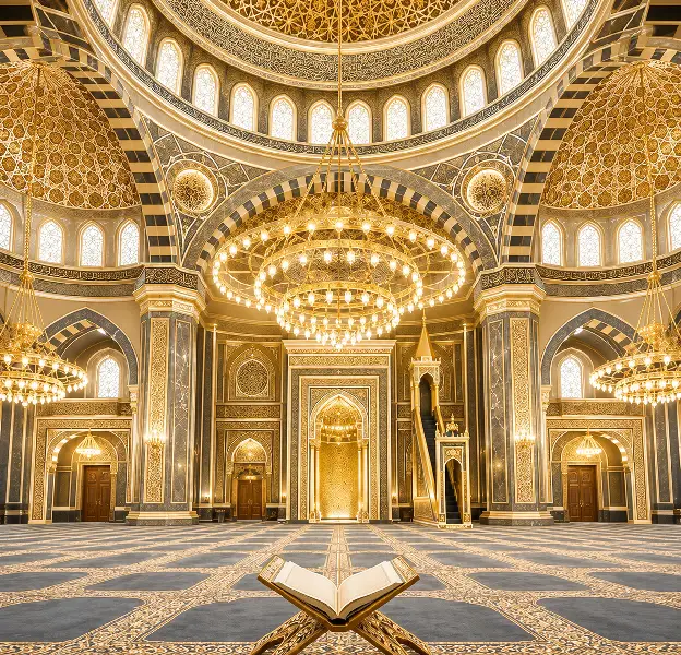 Spacious prayer hall with elegant lighting, premium carpets, and refined architectural details