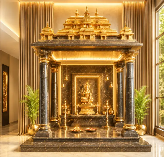 Intricate wood carvings and natural stone finishes in a traditional sacred space